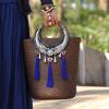 Women&#039;s handmade summer rattan straw tote bag boho tribal handbag with tassels