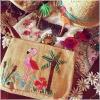 Women&#039;s handmade summer straw clutch bag handbag with flamingo bird embroidery