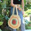 Women&#039;s handmade round straw bag handbag with pom poms and embroidery