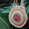 Women&#039;s handmade round straw bag handbag with pom poms and embroidery