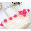 Women&#039;s handmade summer beach big straw bag with pink mint pom pom star print