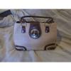 Women&#039;s White blue patent purse Black Loft handbag and brown straw bag