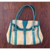 Monsac Woven Straw Shoulder Bag Purse Teal Croc Leather Trim NEW