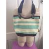 THIRTY-ONE CANVAS CREW STRIPED TURQUOISE &amp; WHITE STRAW Small TOTE BAG