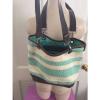 THIRTY-ONE CANVAS CREW STRIPED TURQUOISE &amp; WHITE STRAW Small TOTE BAG