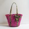 Women&#039;s Straw Handbag Purse Shoulder Bag With Leopard Bow 4 Colors