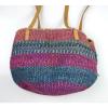 Vtg Leather Multi Color Straw Woven Wicker Basket Bucket Shoulder Bag Purse Sack