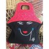 LULU GUINNESS BLACK CANVAS RED STRAW HANDLE WOMANS FACE TOTE HAND BAG✨