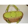 Monsac Straw Tote Basket Bag with Green Leather Trim Very Nice