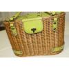 Monsac Straw Tote Basket Bag with Green Leather Trim Very Nice