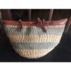 VTG Woven Sisal Jute Straw Market Bag Beach Tote Shopper Tooled Leather Stripe