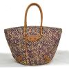 Auth BALENCIAGA Raffia Hand Tote Bag Purple Brown Straw Leather Vintage F01840