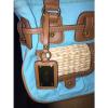 NINE WEST Shoulder Bag Handbag purse Tote Aqua Brown Corn Husk Pockets Beach!