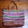 EDDIE BAUER Striped 100% Cotton Canvas Leather Handle Large Purse Beach Bag Tote