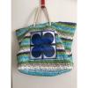 Liz Claiborne Beach Bag Raffia Straw Blue Green Multicolor Big Size