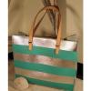 Neiman Marcus Teal Silver Strips Purse Beach Summer Tote Shoulder Bag Shopper