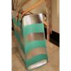 Neiman Marcus Teal Silver Strips Purse Beach Summer Tote Shoulder Bag Shopper