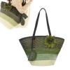 Woman Green Straw Flower Shoulder Bag w/ Shoulder Straps Summer Beach Tote Bag