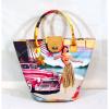 Straw Beach Tote Bag Hula Girl Vintage Car Beadwork Accents Purse Handbag Large