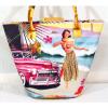 Straw Beach Tote Bag Hula Girl Vintage Car Beadwork Accents Purse Handbag Large