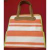 Neiman Marcus Tote Camp Stripe Woven Beach Bag White Orange Lined Satchel Case