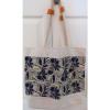 Floral Print Canvas Beach Bag / Purse / Handbag in Beige and Blue