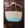 Merona Leather Straw Beach Tote Bag Purse Natural Aqua Color Block NWOT