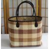 Womens Large Checked Straw Tote Beach Hand-Bag w/Faux Leather Strap Change Purse