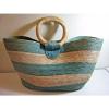 Large Vintage Woven Straw Tote Beach Carry All Hand Bag Teal Round Straw Handles