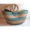 Large Vintage Woven Straw Tote Beach Carry All Hand Bag Teal Round Straw Handles