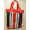 Red Striped Tote Bag Lined  Canvas Fabric Heavy Straps Travel Bag  Beach Shopper