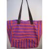 BODEN Purple &amp; Orange Striped Canvas Leather Beach Bag Large Tote EUC