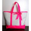 LARGE JUICY COUTURE OFF WHITE NYLON CANVAS HOT PINK TRIM TOTE BEACH BAG HANDBAG