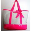 LARGE JUICY COUTURE OFF WHITE NYLON CANVAS HOT PINK TRIM TOTE BEACH BAG HANDBAG