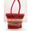 Red and Tan Strip Beaded Sea Shell Beach Summer Bag