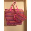 LG Pink Bordered Striped With Multi Colored Beach Bag With Make-up Bag NWOT