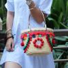 Women&#039;s handmade straw bag beach handbag with pom poms embroidery tassels