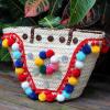 Women&#039;s handmade summer beach straw bag handbag with pom poms tassels shells