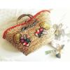 Women&#039;s handmade summer beach straw bag with pom pom flower letters embroidery