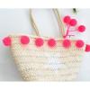 Women&#039;s handmade summer beach big straw bag with pink mint pom pom star print