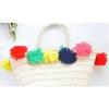 Women&#039;s handmade summer beach straw bag with colorful tassels and letter graphic