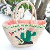 Women&#039;s handmade summer beach straw bag flamingo ice cream cactus embroidery