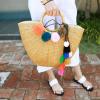 Women&#039;s handmade woven round straw bag beach summer bag with big pom pom tassels