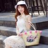 Women&#039;s handmade summer beach straw bag with pink pom pom sequin eye embroidery