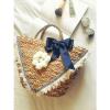 Women&#039;s handmade summer beach straw bag with pom pom fringe appliques bow pearls