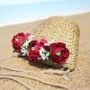 Women handmade woven summer beach mini straw bag with flowers leaves blossoms