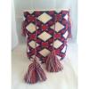 NEW 100% HANDMADE WAYUU MOCHILA TOTE drawstring beach WHITE RED BLUE FRINGE BAG