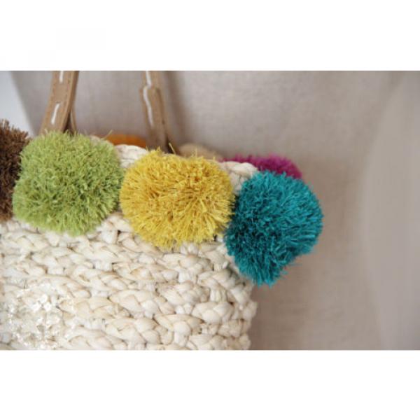 Women&#039;s handmade summer beach woven straw bag with colorful pom poms #5 image