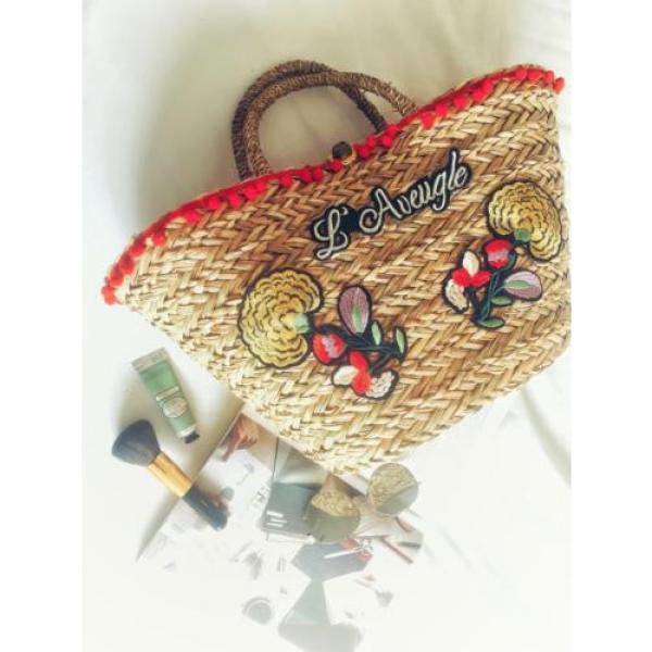 Women&#039;s handmade summer beach straw bag with pom pom flower letters embroidery #2 image