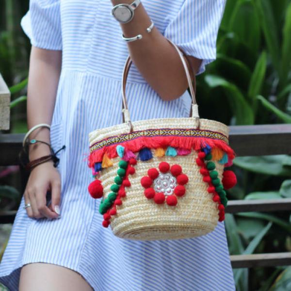 Women&#039;s handmade straw bag beach handbag with pom poms embroidery tassels #1 image